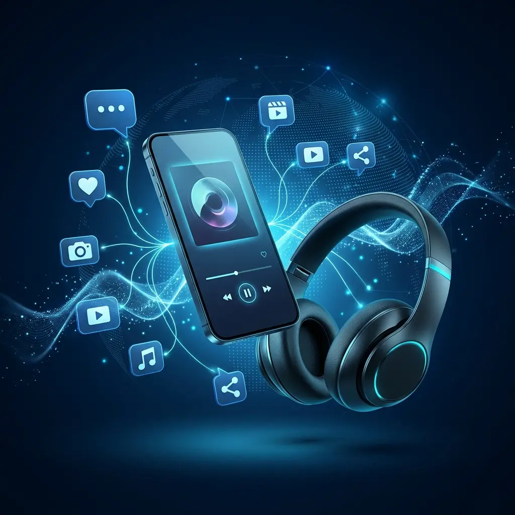 Phone streaming music with headphones and social apps connected